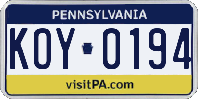 PA license plate KOY0194