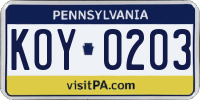 PA license plate KOY0203