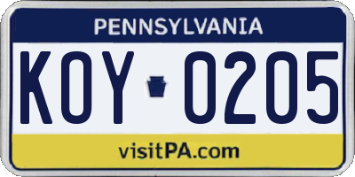PA license plate KOY0205