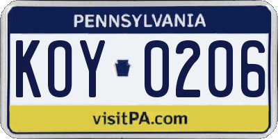 PA license plate KOY0206