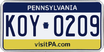 PA license plate KOY0209