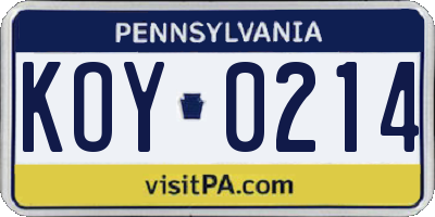 PA license plate KOY0214