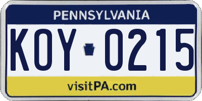 PA license plate KOY0215
