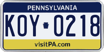 PA license plate KOY0218