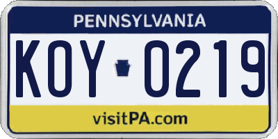 PA license plate KOY0219