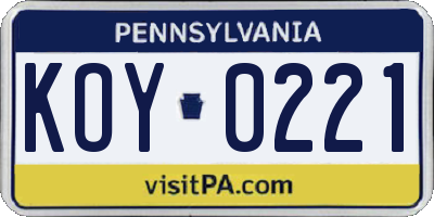 PA license plate KOY0221