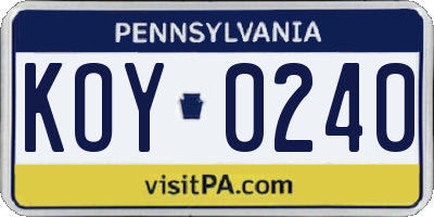 PA license plate KOY0240
