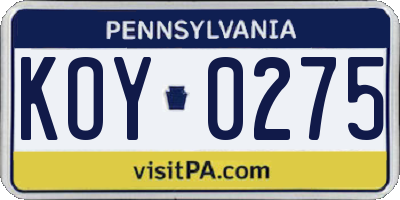 PA license plate KOY0275