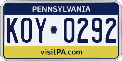 PA license plate KOY0292