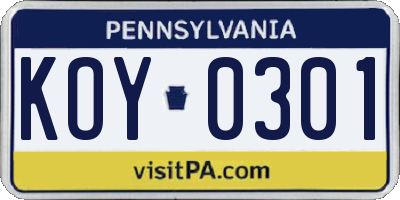 PA license plate KOY0301