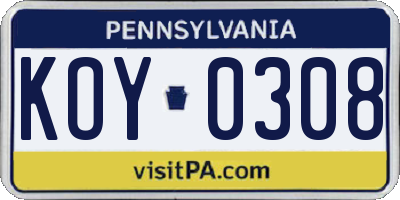 PA license plate KOY0308