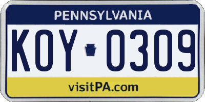 PA license plate KOY0309