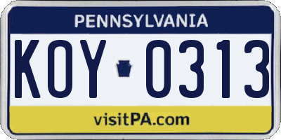 PA license plate KOY0313
