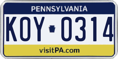 PA license plate KOY0314