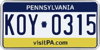 PA license plate KOY0315
