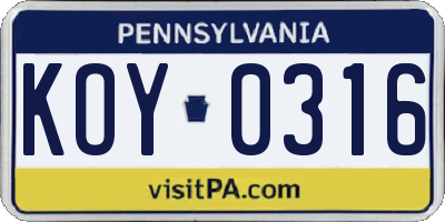 PA license plate KOY0316