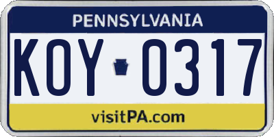 PA license plate KOY0317