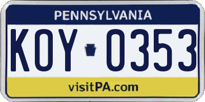 PA license plate KOY0353