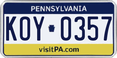 PA license plate KOY0357