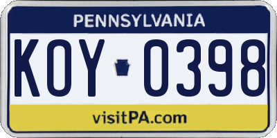 PA license plate KOY0398