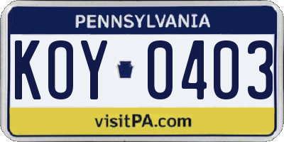 PA license plate KOY0403