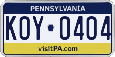 PA license plate KOY0404