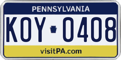 PA license plate KOY0408