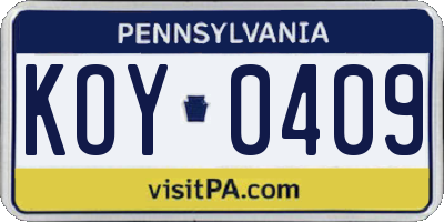 PA license plate KOY0409