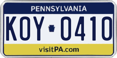 PA license plate KOY0410