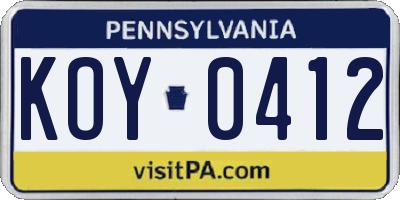 PA license plate KOY0412