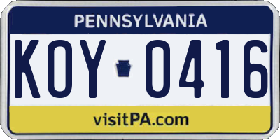 PA license plate KOY0416