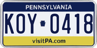 PA license plate KOY0418
