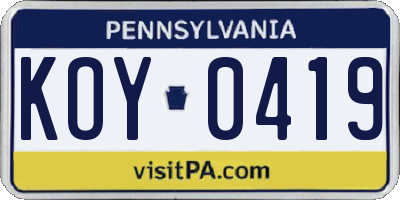 PA license plate KOY0419