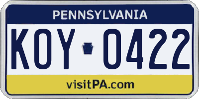 PA license plate KOY0422