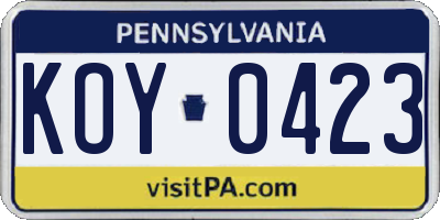 PA license plate KOY0423