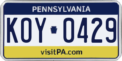 PA license plate KOY0429