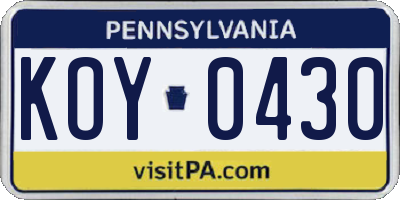 PA license plate KOY0430