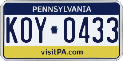 PA license plate KOY0433