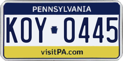 PA license plate KOY0445