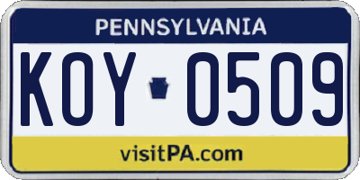 PA license plate KOY0509
