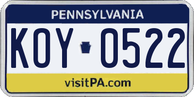 PA license plate KOY0522