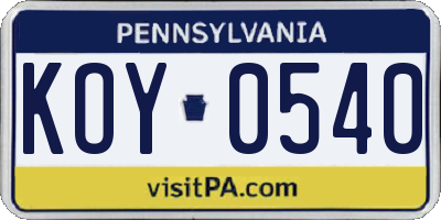 PA license plate KOY0540