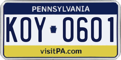 PA license plate KOY0601