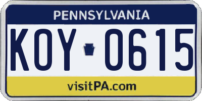 PA license plate KOY0615