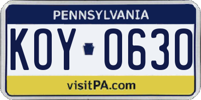 PA license plate KOY0630