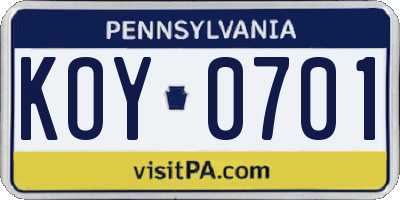 PA license plate KOY0701