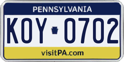 PA license plate KOY0702
