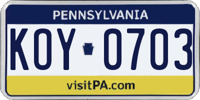 PA license plate KOY0703