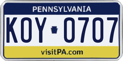 PA license plate KOY0707