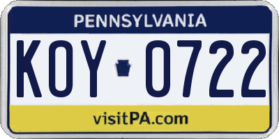PA license plate KOY0722